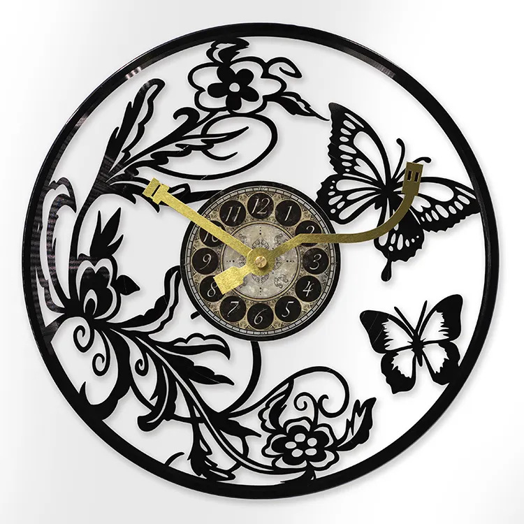 黑胶唱片创意蝴蝶与花造型led时钟跨境亚马逊外贸复古墙挂钟-阿里巴巴