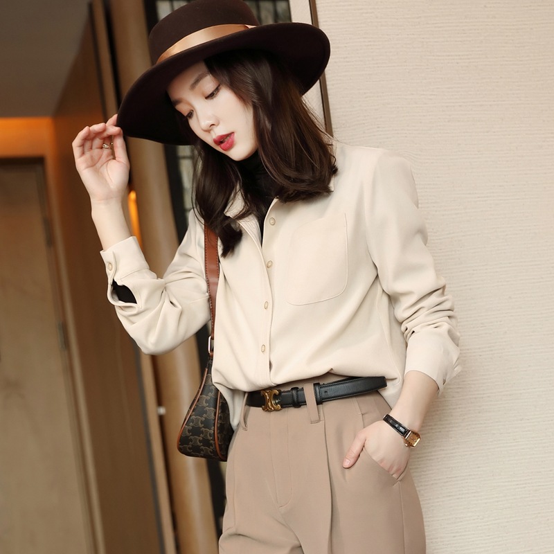 杏色衬衫女轻熟风长袖上衣秋季新款设计感小个子气质百搭雪纺衬衣