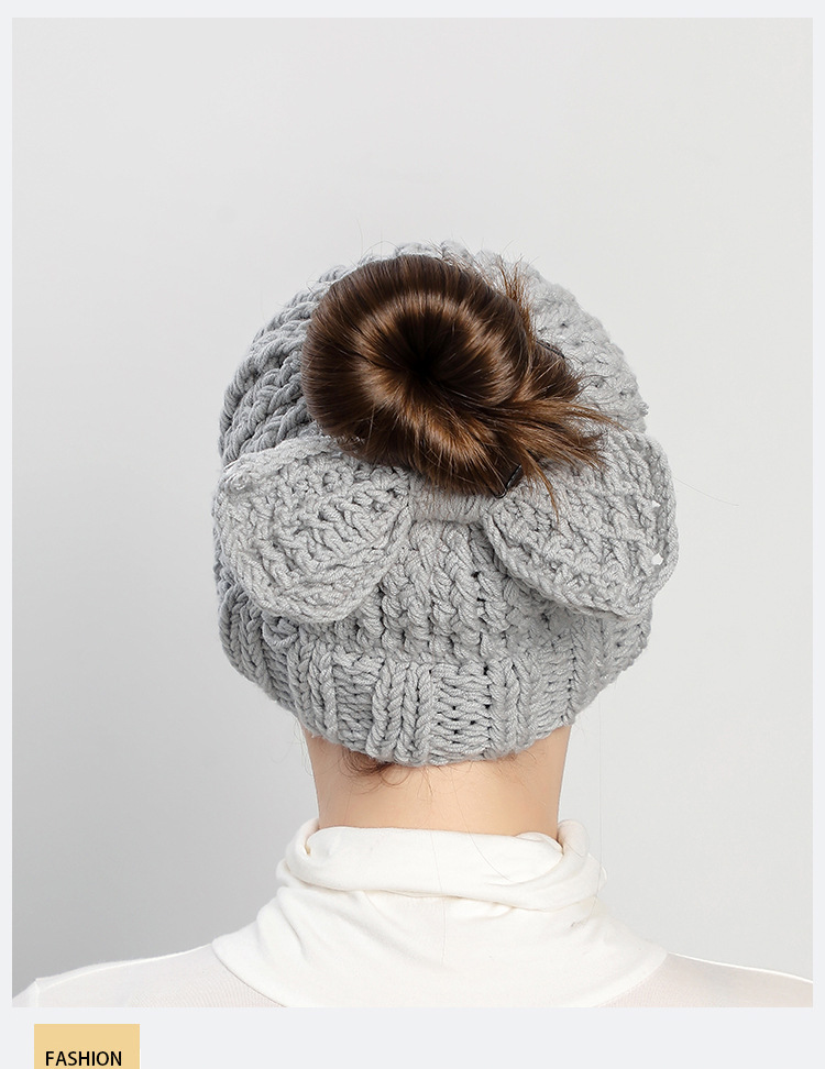 2021秋冬欧美新款手工针织蝴蝶结空顶毛线帽时尚钩织保暖马尾帽