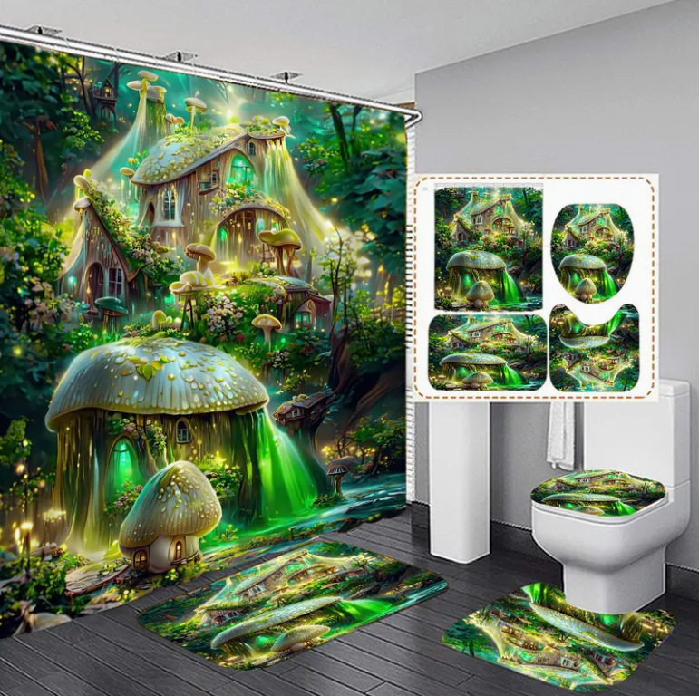 [muqing] mushroom house printing shower curtain four-piece non-slip waterproof shower curtain set bathroom punch-free shower curtain