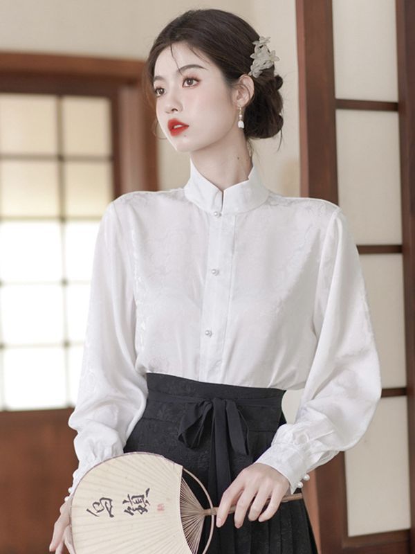 New Improved Hanfu Women's Ming-Made Han Elements Chinese Style Suit Daily Stand Collar Shirt Jacquard Horse-Face Skirt Long Dress