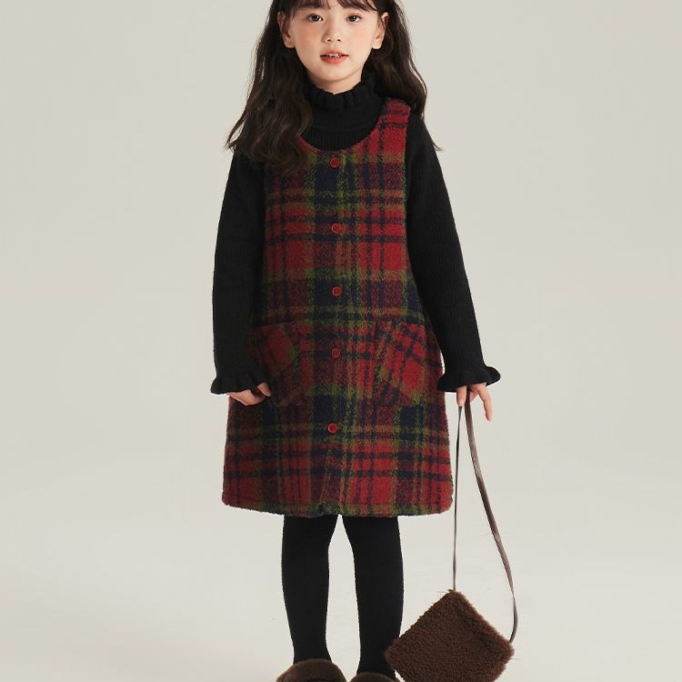 senbaby童装女童毛呢裙冬装圣诞新年格子背心裙中大童加棉连衣裙