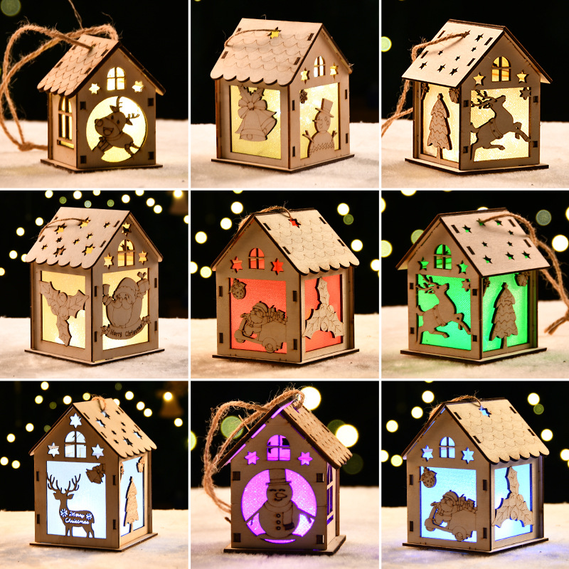 圣诞节手工diy材料礼物挂件圣诞树木质发光小屋小屋礼品橱窗装饰