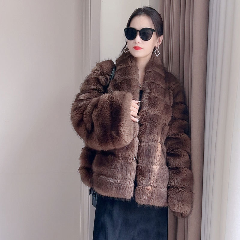 皮草外套冬季新款重磅宽松两粒扣年轻仿紫貂毛皮草女款毛毛女外套