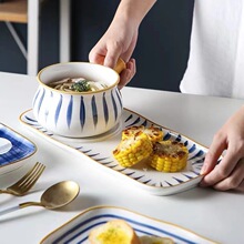 日式厂家直销早餐碗家用陶瓷碗盘 露营陶瓷手把碗高颜值早餐套装
