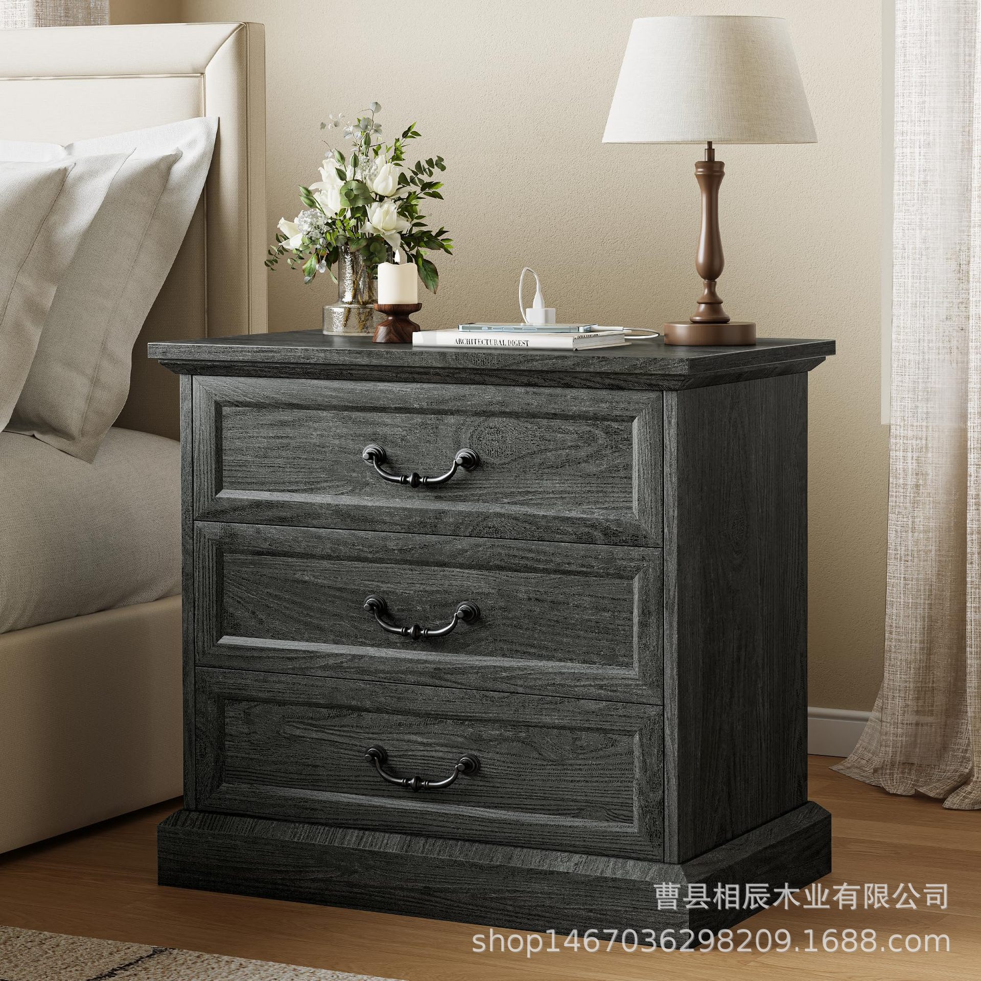 跨境复古乡村风木制床头柜卧室木制床边架家用卧室床边置物架