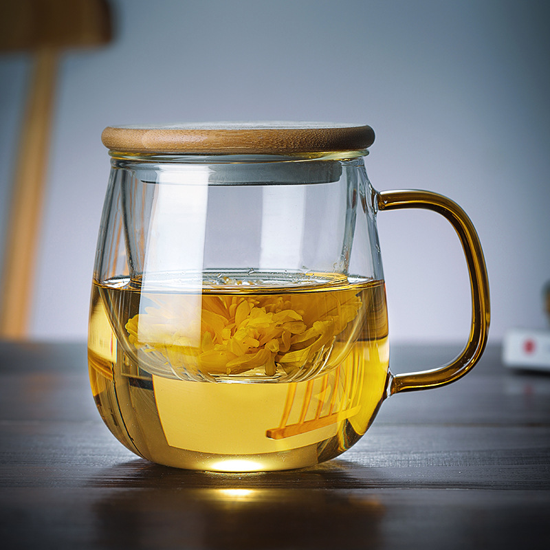 带盖玻璃杯子带把手茶水分离透明过滤办公室家用男女泡茶杯喝水杯