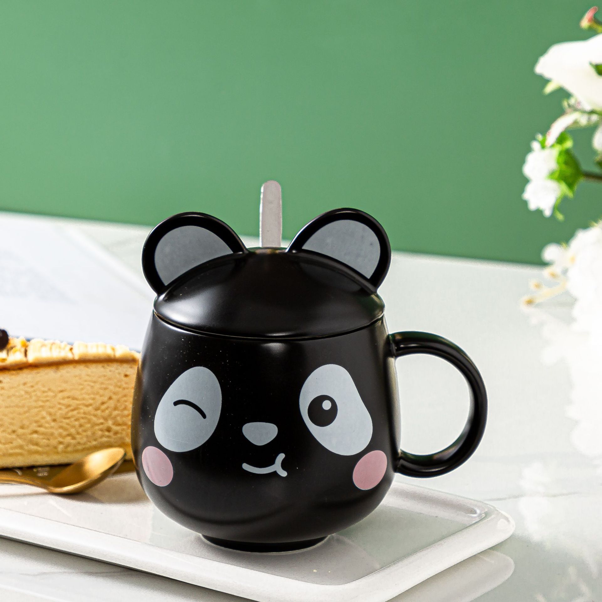 跨境电商新中式马克杯创意卡通熊猫立体造型陶瓷杯带盖伴手礼茶杯
