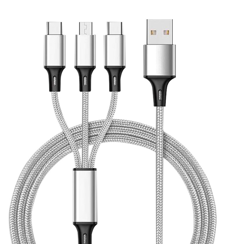 Nylon Woven Three-in-One Data Cable Three-in-One Multi-Head 2A Fast Charging Cable Logo Small Gift Factory Wholesale