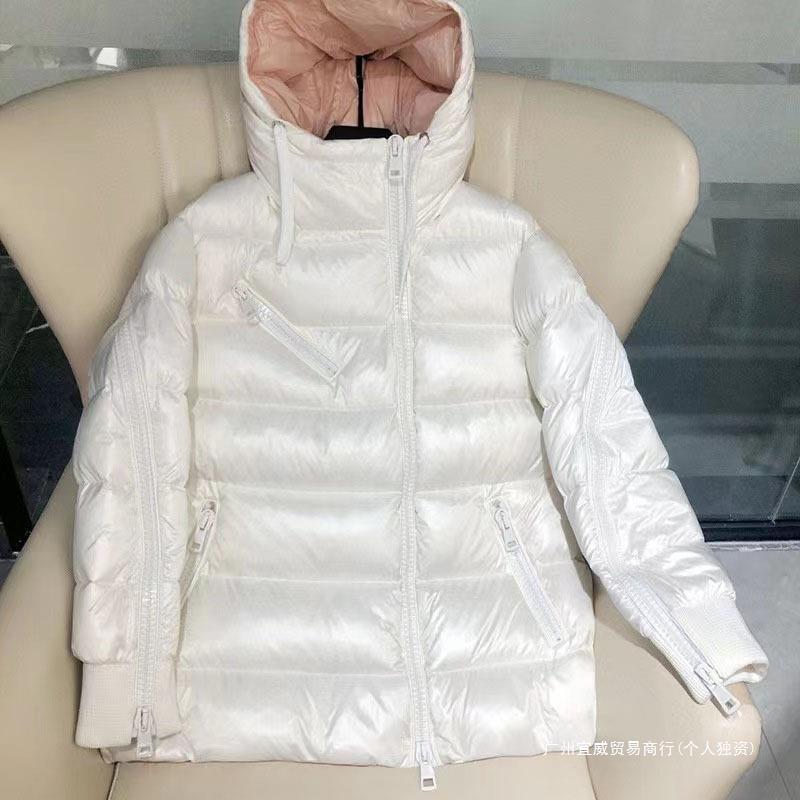 经典法国代购moncllern中长款羽绒服斜拉链女士连帽厚外套蒙口娜