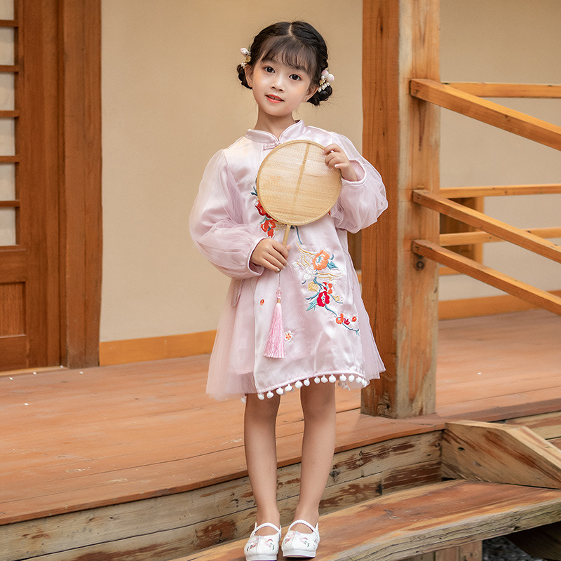 晓晓汉服春秋季新款改良女童花刺绣蝴蝶结古风公主裙纱裙旗袍汉服