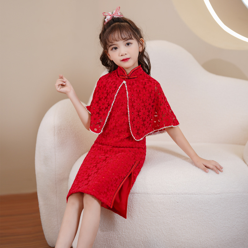 新款女童旗袍春秋蕾丝中袖中国风周岁礼服小女孩连衣裙演出服