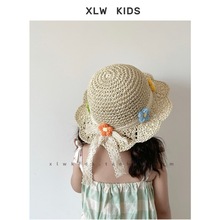 花朵夏季儿童遮阳帽子可爱韩版女宝宝草编渔夫帽公主沙滩草帽