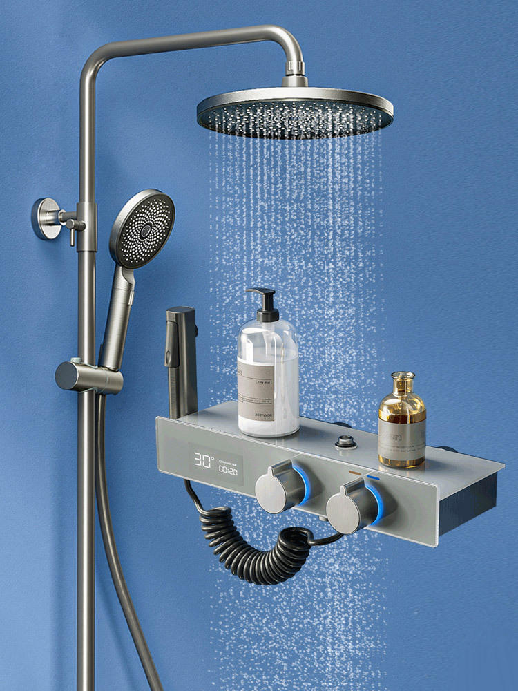 枪灰色浴室智能恒温数显沐浴淋浴花洒套装家用入墙式淋雨增压喷头