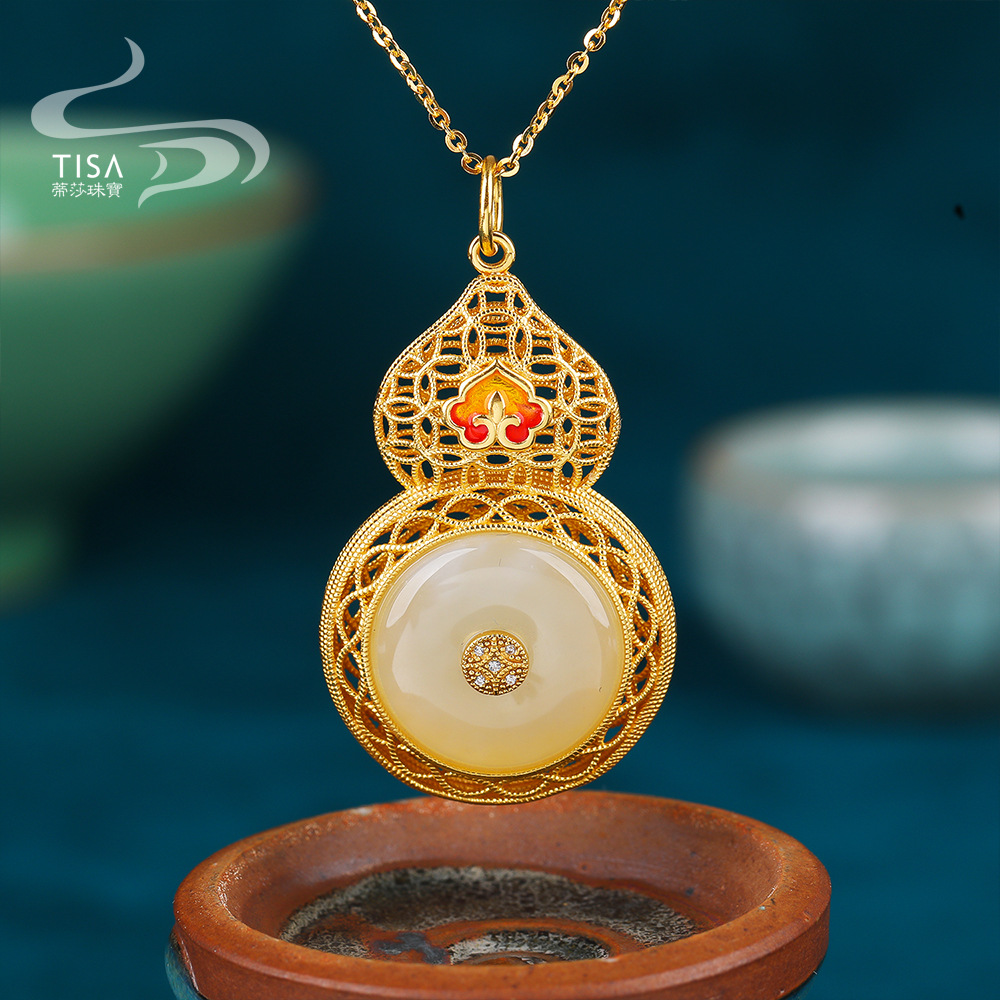 银镀金福禄寿吊坠金镶玉镂空葫芦项链国潮风首饰品复古珐琅吊坠女