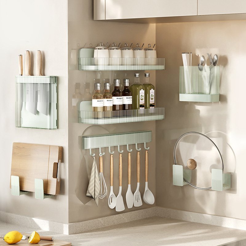 Kitchen Rack Punch-Free Wall-Mounted Knife Holder Seasoning Utensils Complete Collection Hook Chopsticks Box Pot Cover Rack Suit