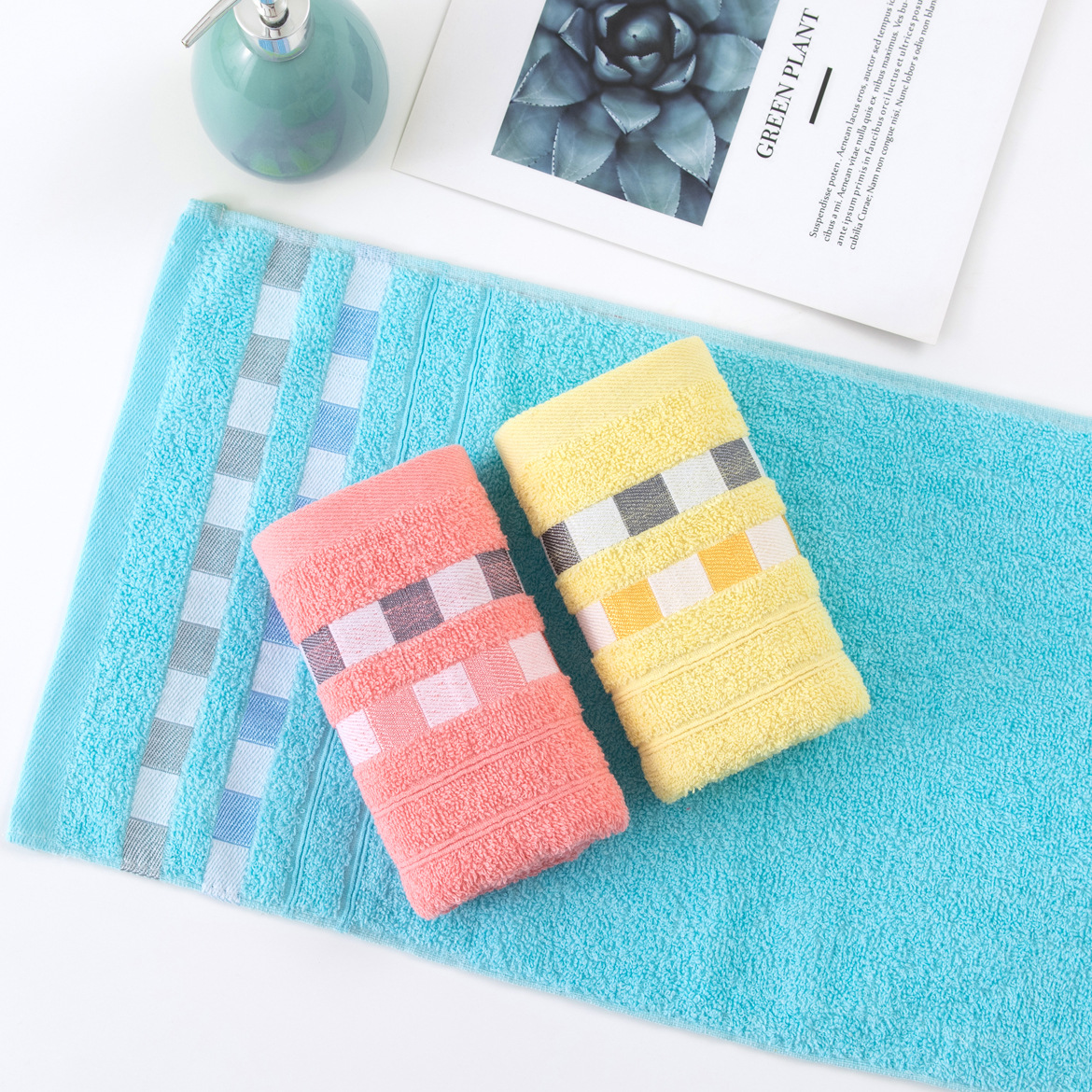 提花毛巾丝带格软加厚100g弱捻色织广告回礼劳保批发高阳毛巾厂家