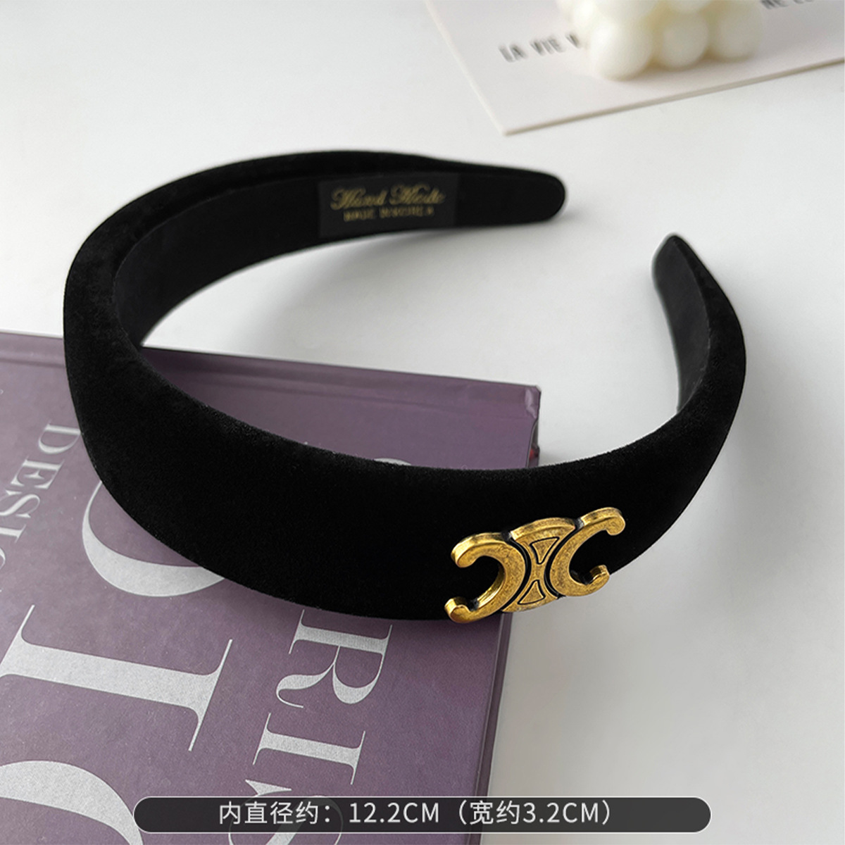 Korean Style Black Velvet Headband High-End Letters Women's Wide-Brimmed High Skull Top Headband Travel Hair Fixer Sponge Headband Hair Accessories