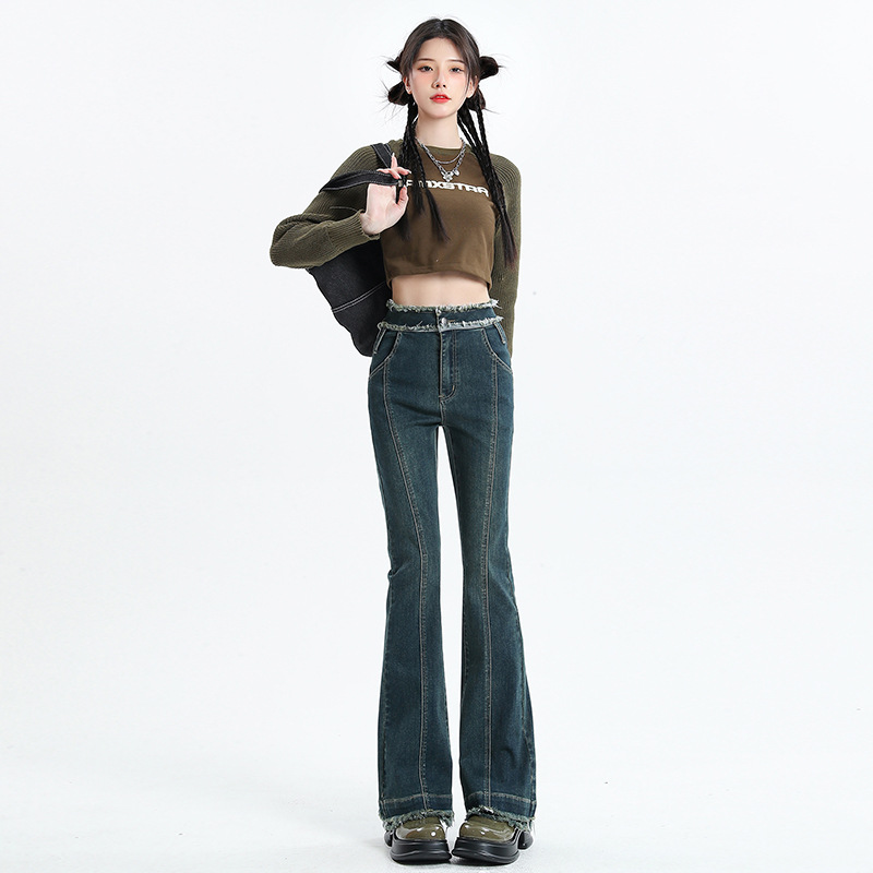 2022 Autumn and Winter New High Waist Jeans Women's Sweet Cool Hot Girl Series Double-Layer Trousers Frayed Flared Pants All-Matching