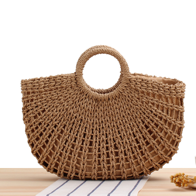 Forest Simple Hand Carrying Straw Bag Handmade Woven Hollowed Beach Bag Summer Beach Photo