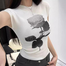 韩系时尚复古水墨印花针织T恤百搭半高领无袖小众设计感套头背心