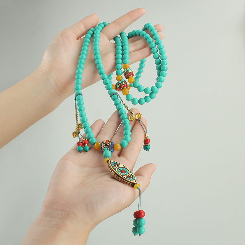 Nepal Imitation Turquoise Long National Style Oblique Necklace Chinese Tassel Multi-Circle Beaded Necklace Back Chain Vintage Accessories