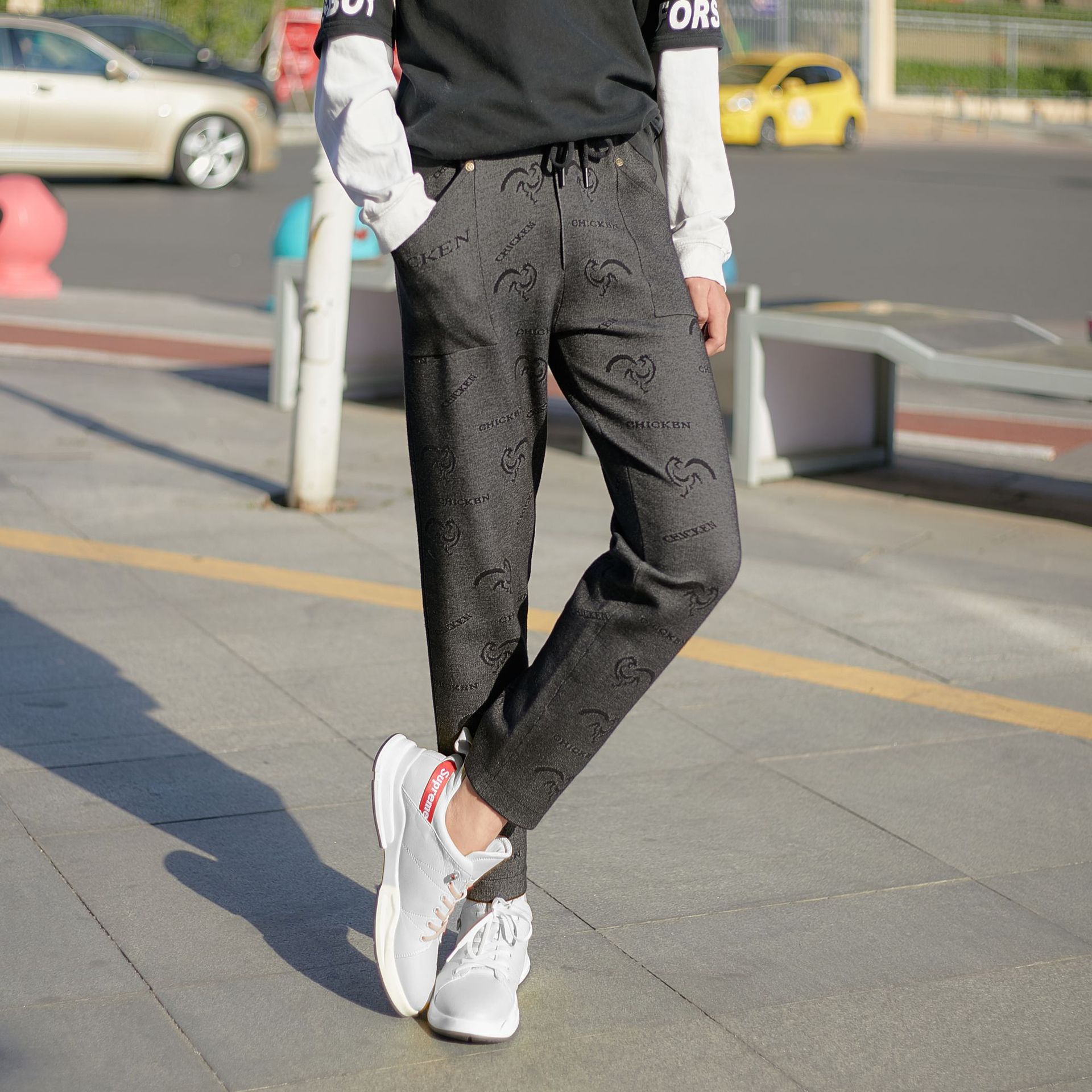 潮高弹力休闲裤