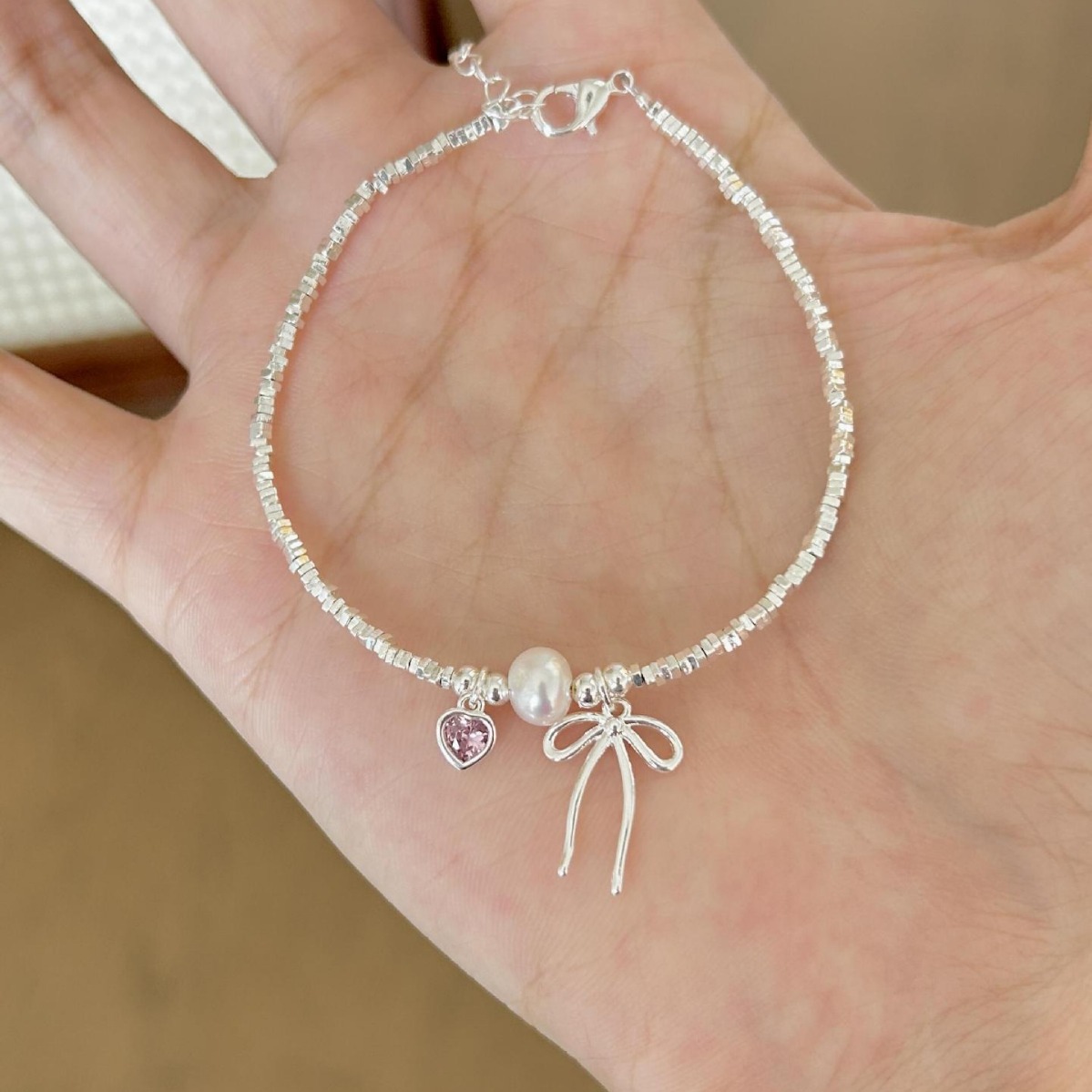 蝴蝶结粉钻爱心碎银手链女学生甜美森系少女心手饰手环送闺蜜礼物