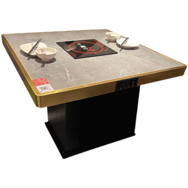 火锅桌商用不锈钢实木涮烤一体桌椅无烟大理石火锅桌子电磁炉一体