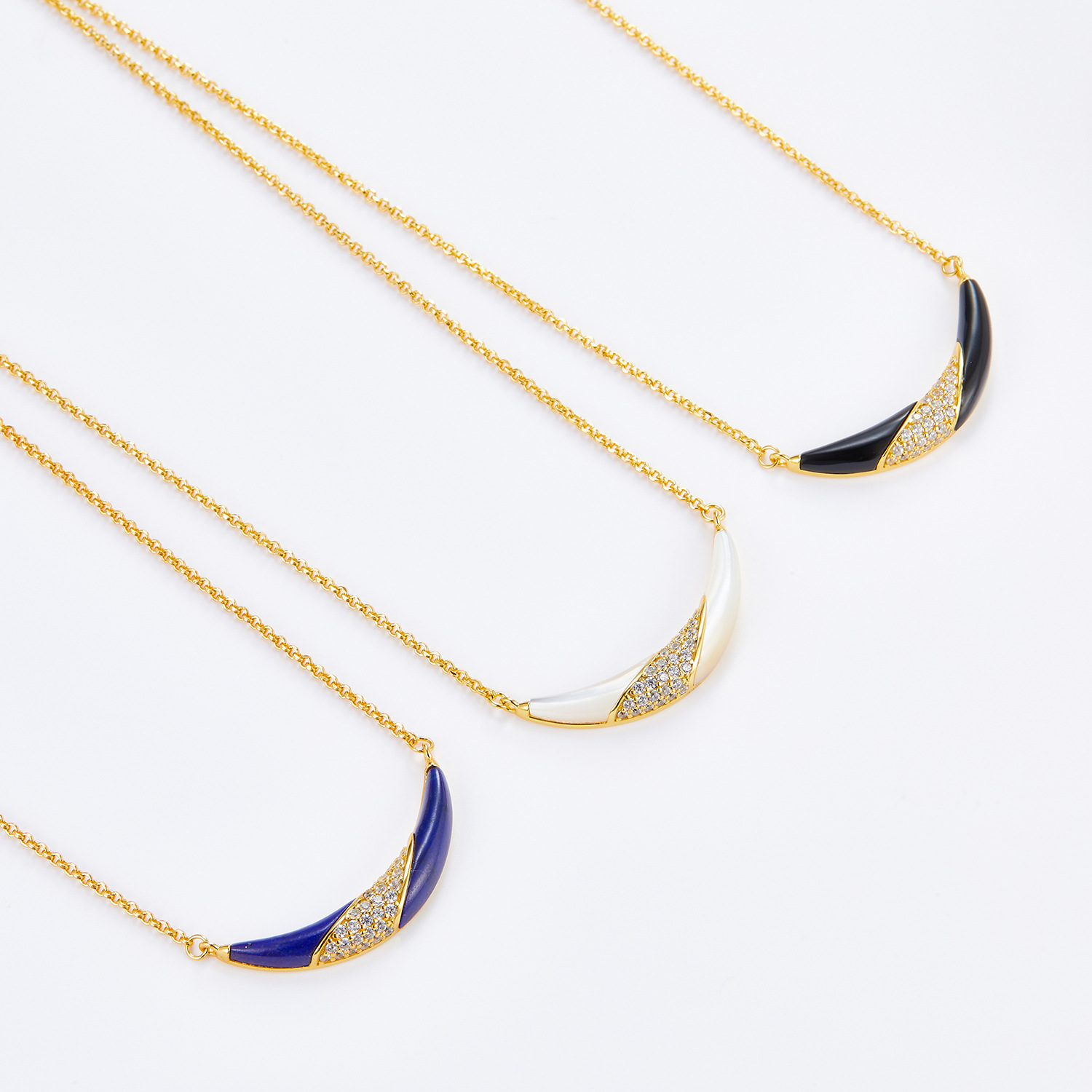 通体925银电镀18k金天然青金石白贝母黑玛瑙项链小众设计感微笑坠