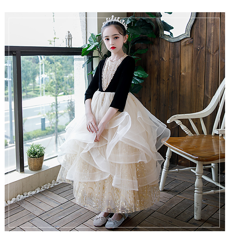 女童礼服裙黑色长袖主持人晚礼服儿童公主裙小女孩走秀大童秋季