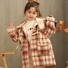 韩版女童羊羔毛中长款2022秋冬季新款儿童洋气格子呢大衣加厚外套