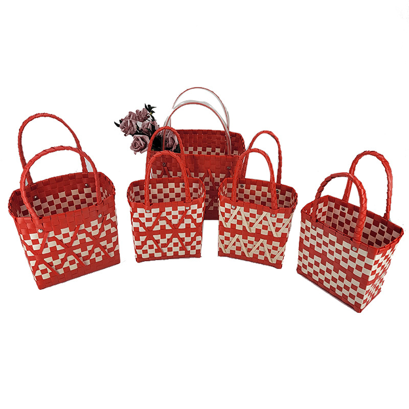 Wholesale New Korean Style Red Hand-Woven Bag Handbag Small Rectangular Handbag Shopping Basket Woven Bag