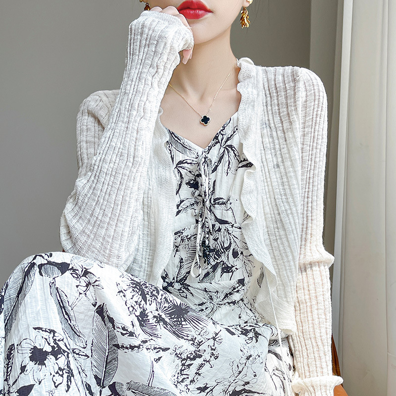 2024新款针织薄款防晒开衫夏季花边绑带韩系甜美空调衫女披肩外套