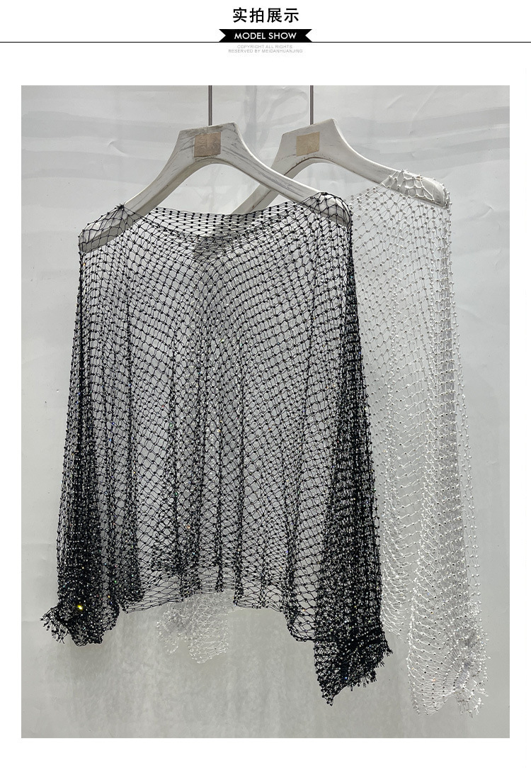 时尚重工镶钻上衣镂空透视渔网比基尼罩衫一字领女装夜店表演