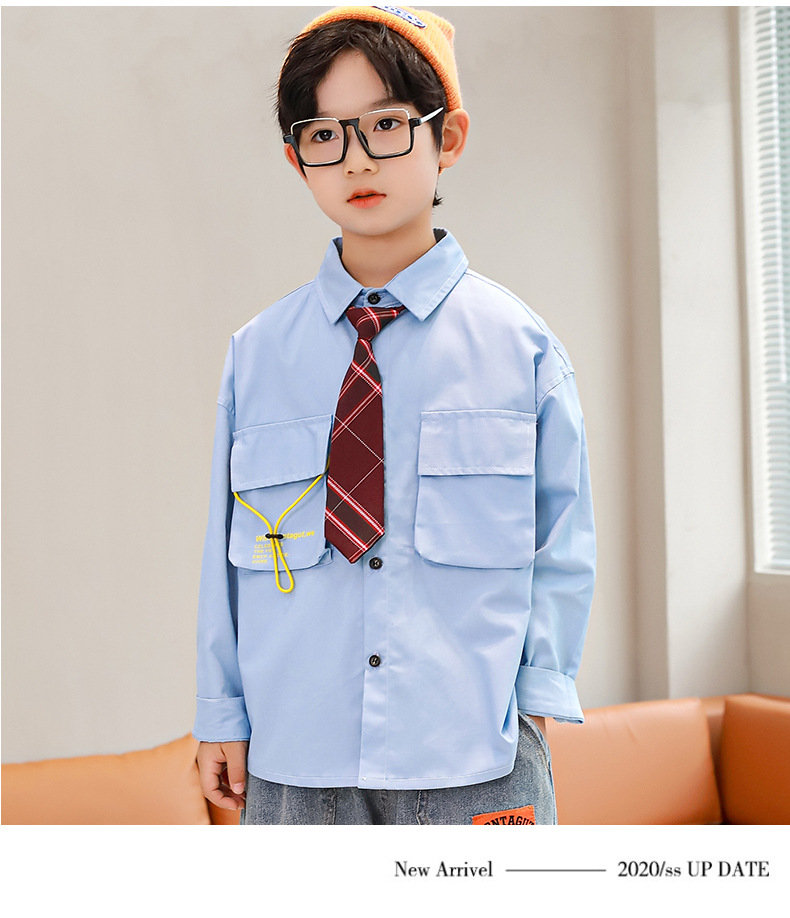 儿童白衬衣男童新款中大童休闲白色衬衫秋男孩帅气领带上衣潮stdd