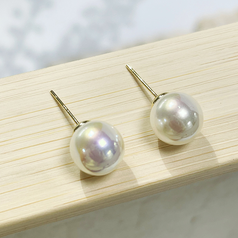 珍珠耳钉925纯银施家珍珠耳钉8mm樱花粉极光色珍珠耳饰轻奢高级感
