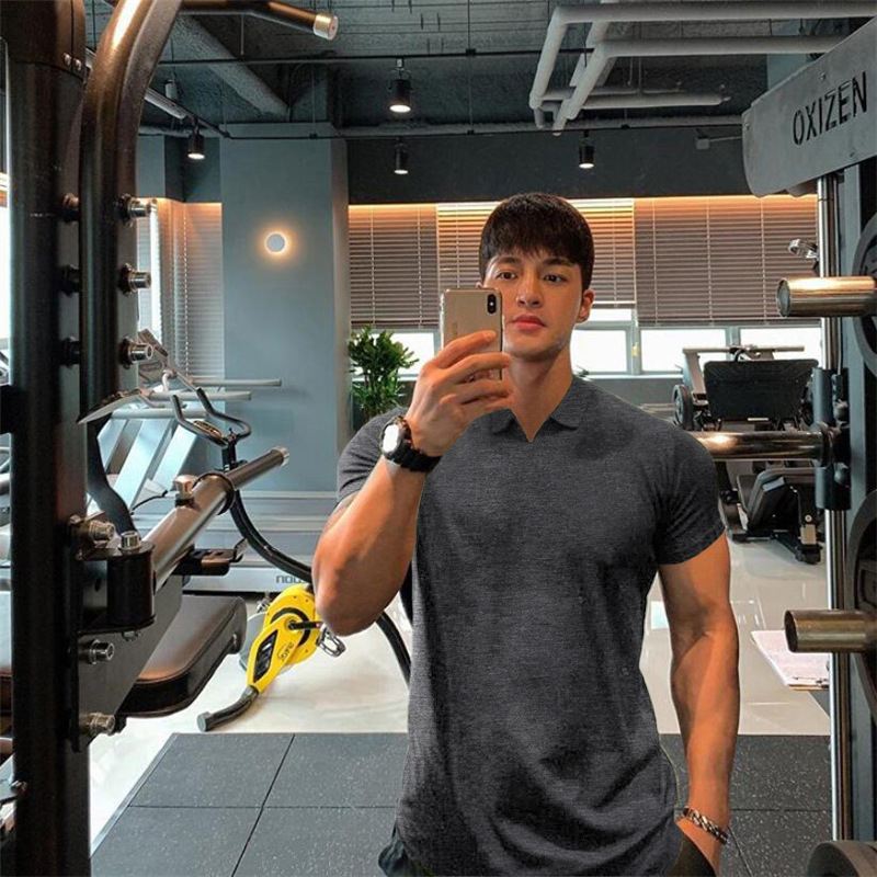 欧美肌肉男小v领polo衫夏季运动翻领短袖男 健身紧身衣跑步训练服