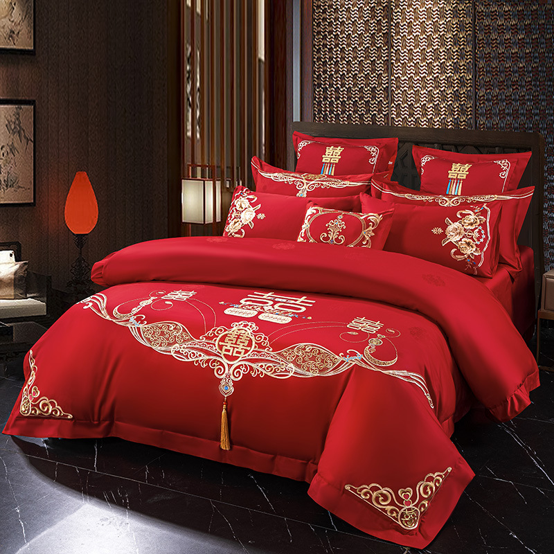 High-End Wedding Four-Piece Set Wedding Bedding Embroidered Red Long-Staple Cotton Dragon and Phoenix Daxi Bed Sheet Duvet Cover Bed Skirt