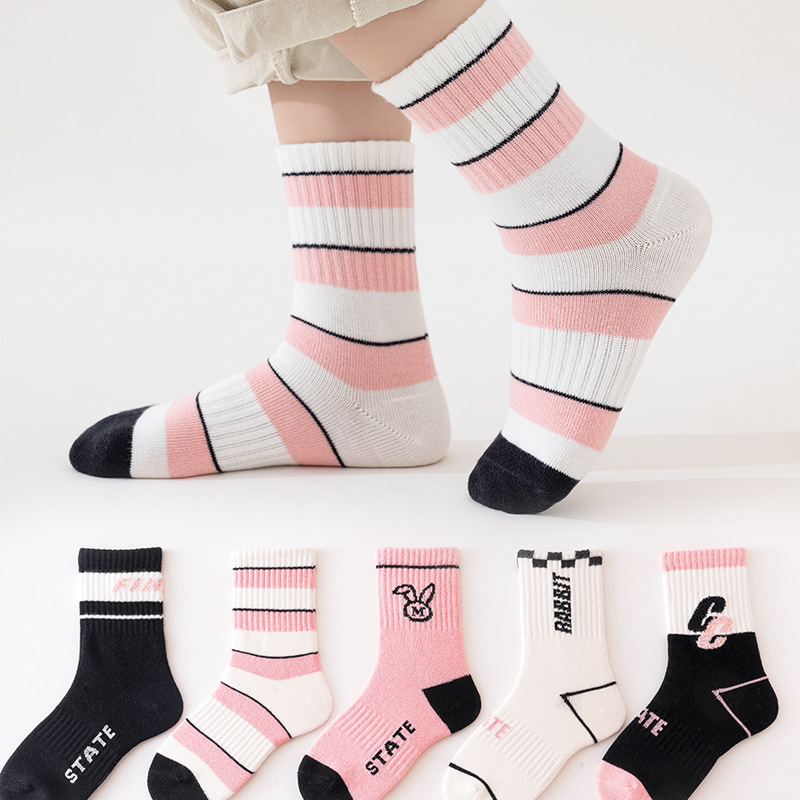 儿童袜子春秋季条纹字母可爱卡通男童女童小学生透气潮流中筒袜