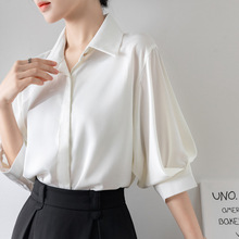 白色衬衫女夏季五分袖小众上衣高级感缎面韩版气质通勤灯笼袖衬衣