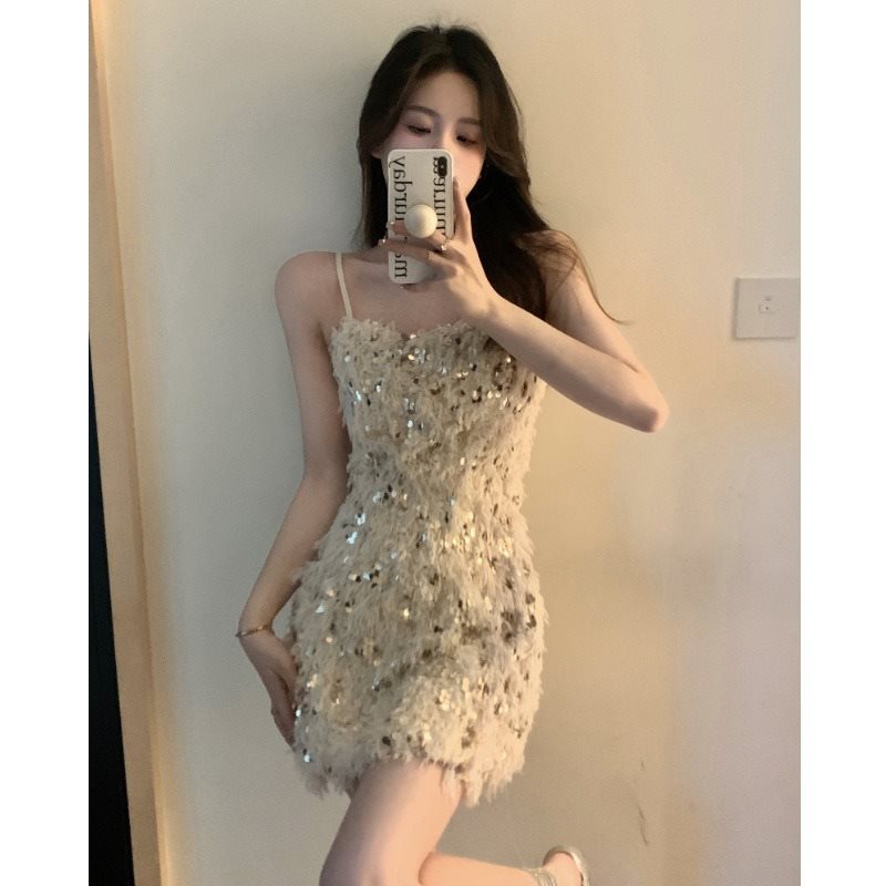 法式高级性感亮片吊带连衣裙女春季生日party年会晚礼服裙小个子