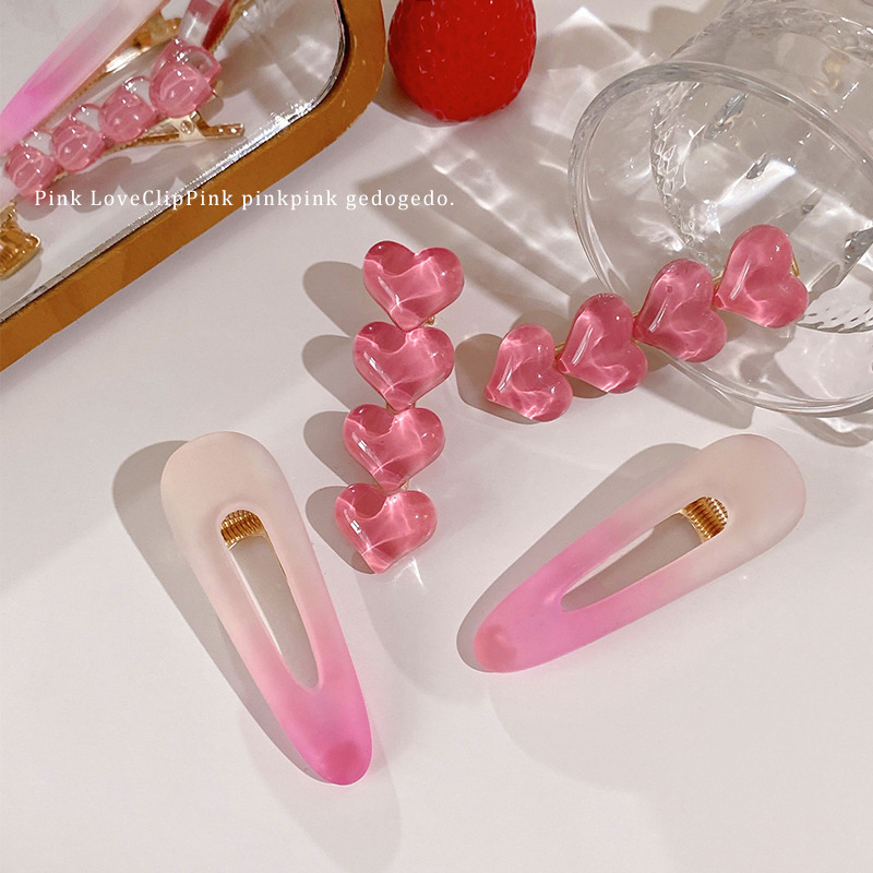 Pink Gradient Love Heart-Shaped Hairpin Korean Sweet Elegance Side Bang Clip Pure Desire Style Duckbill Clip Girl Heart Hair Accessories