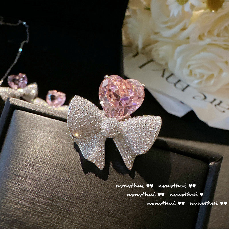 Kardashian Love Heart Bow Tie Gemstone Earrings Papalacha 18K Gold Plating Candy Pink Peach Heart Butterfly Ring