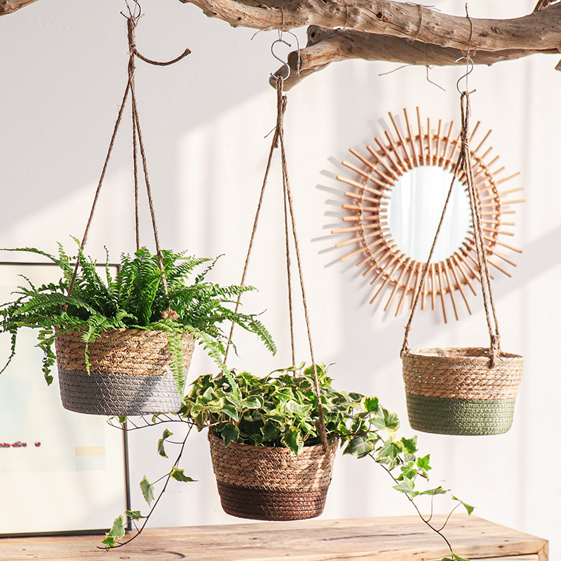 北欧藤编花篮吊篮吊盆绿萝花盆麻绳垂吊悬挂壁挂草编常青藤装饰篮