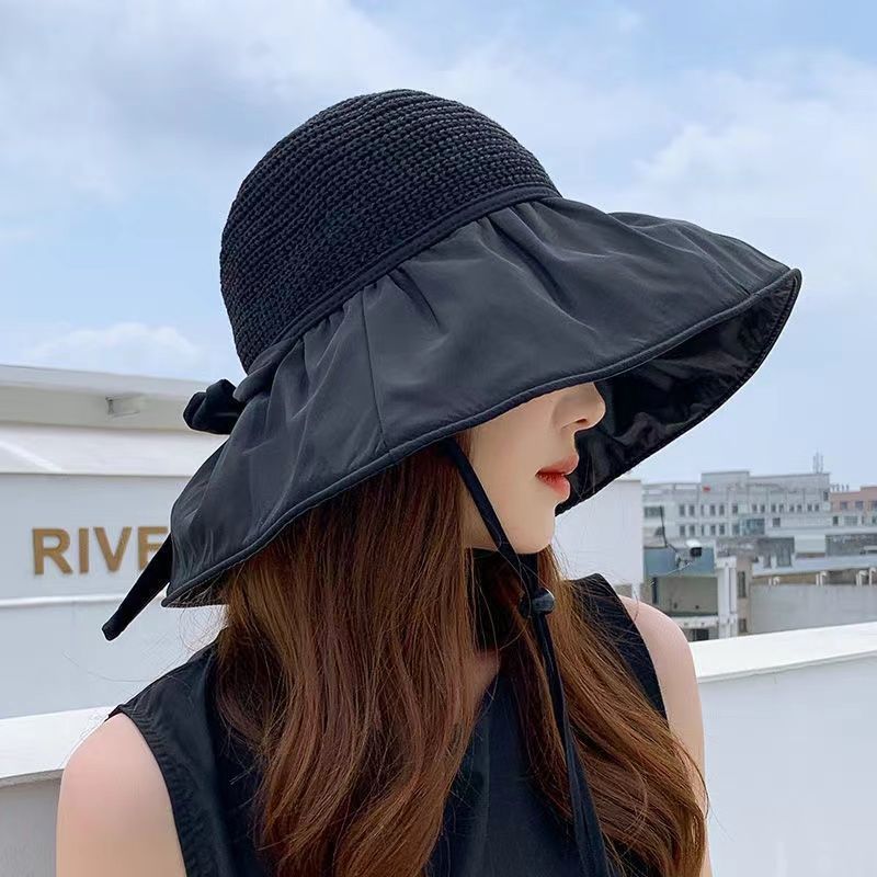 Summer Sun Protection Vinyl Bow Sunhat Women's Japanese and Korean Hat UV Protection Big Brim Face-Covering Sun Topless Hat