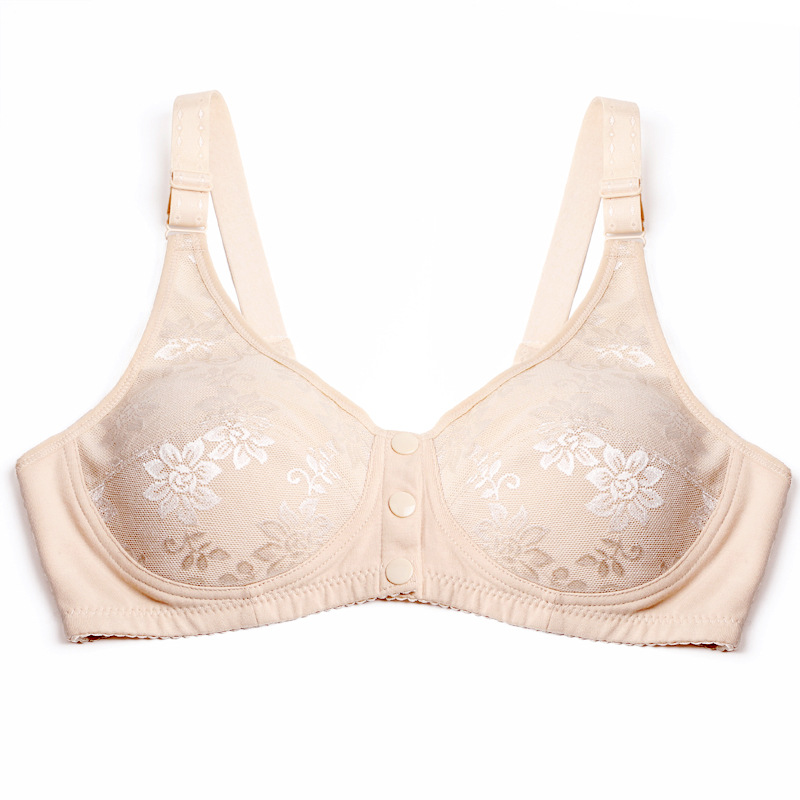 妈妈内衣女中老年文胸无钢圈前开扣全棉纯棉加厚胸罩大码有海绵款