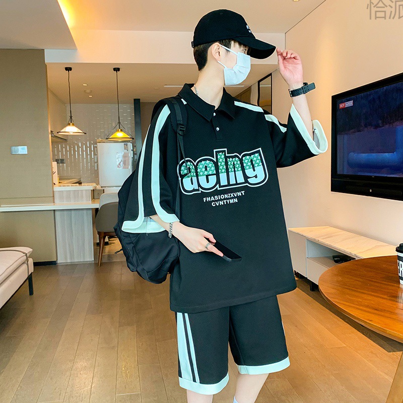 潮牌休闲中学生12-15岁帅气青少年14男孩短袖t恤套装16胖大童夏装