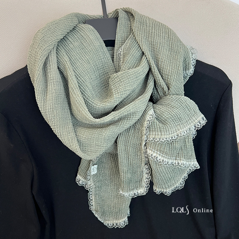 豆蔻绿亚麻蕾丝水洗复古棉麻围巾冬季女感韩版护颈小围脖编织