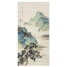 陈少梅松溪放棹青绿山水画国画装饰挂画卷轴仿古画名画复制品字画